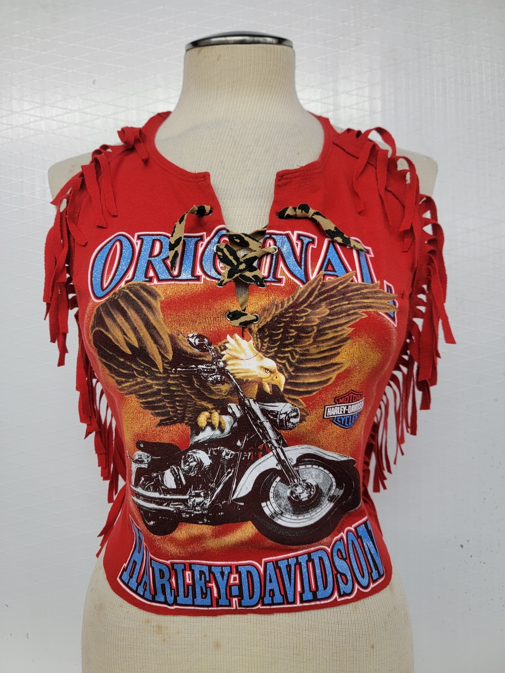 Harley Davidson Lace-Up Front Fringe Hlater Top Upcycled